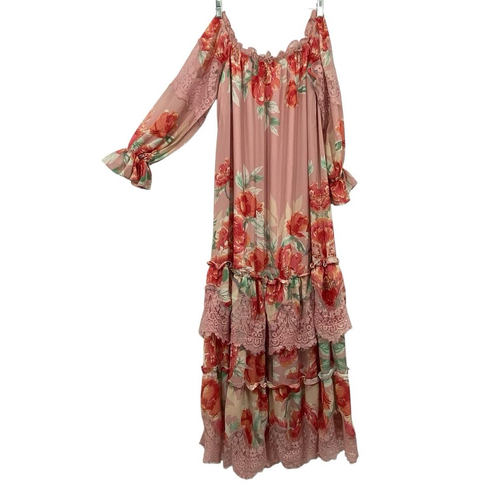 Champagne & Strawberry Maxi Dress Small Off Shoulder Pink Floral Chiffon Peasant - Picture 2 of 16